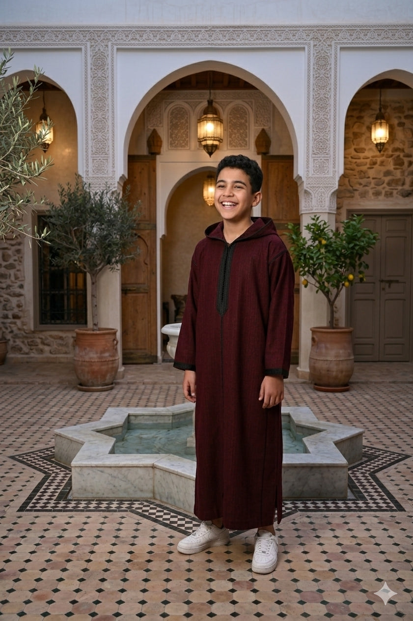 Kids winter Djellaba from Al-Andalus, cozy traditional Moroccan garment in warm fabric, with intricate patterns and a hood.