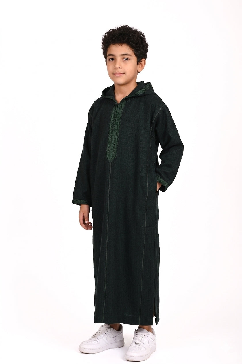 Kids winter Djellaba by Al-Andalus featuring warm, cozy fabric and traditional Moroccan design in vibrant colors.