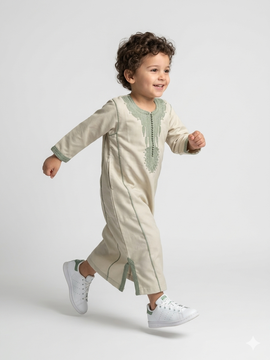 Colorful kids' kaftan by AL-ANDALUS featuring vibrant patterns and lightweight fabric, perfect for casual wear or special occasions.