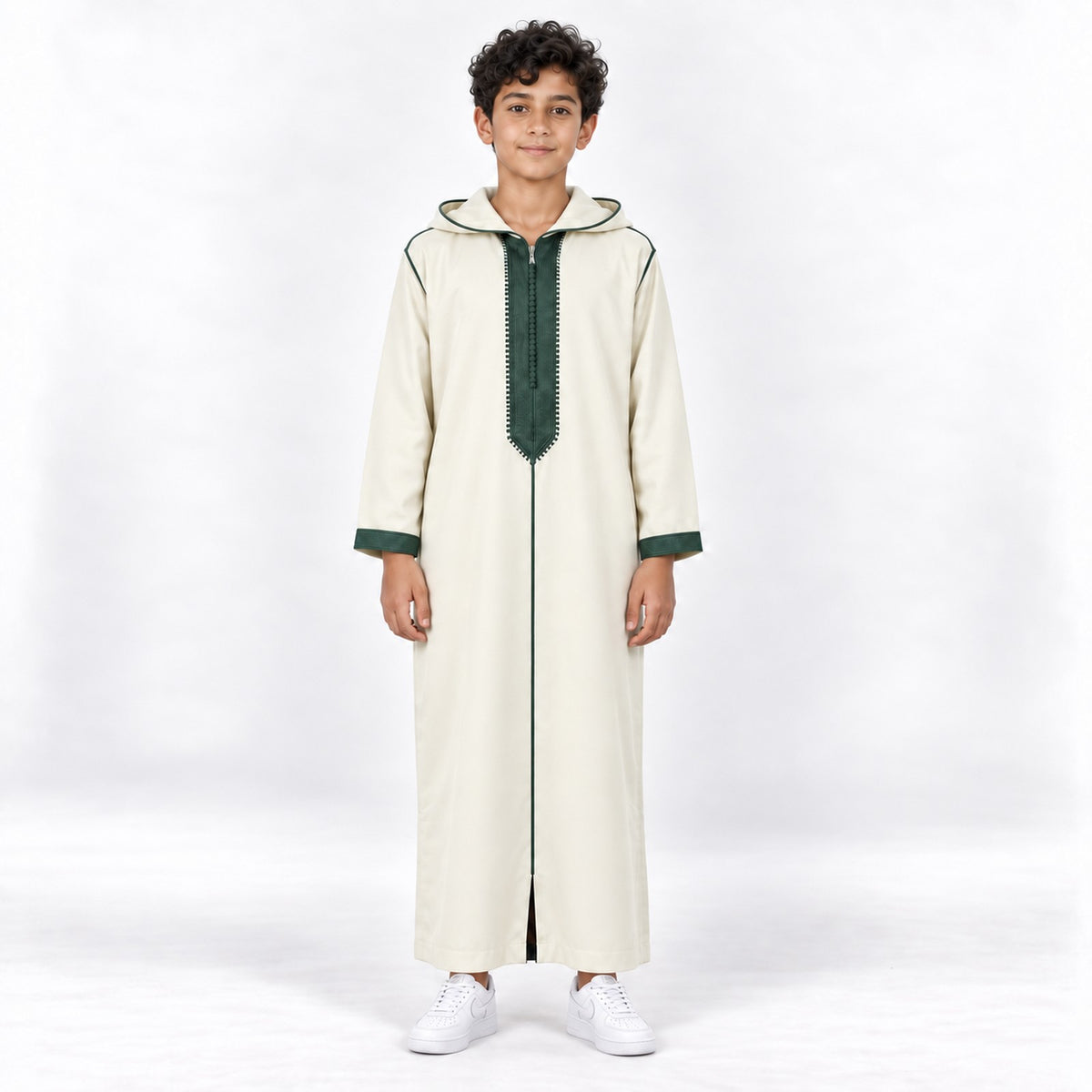 Soft Jellaba for Youth - White and Green - 12 years - front