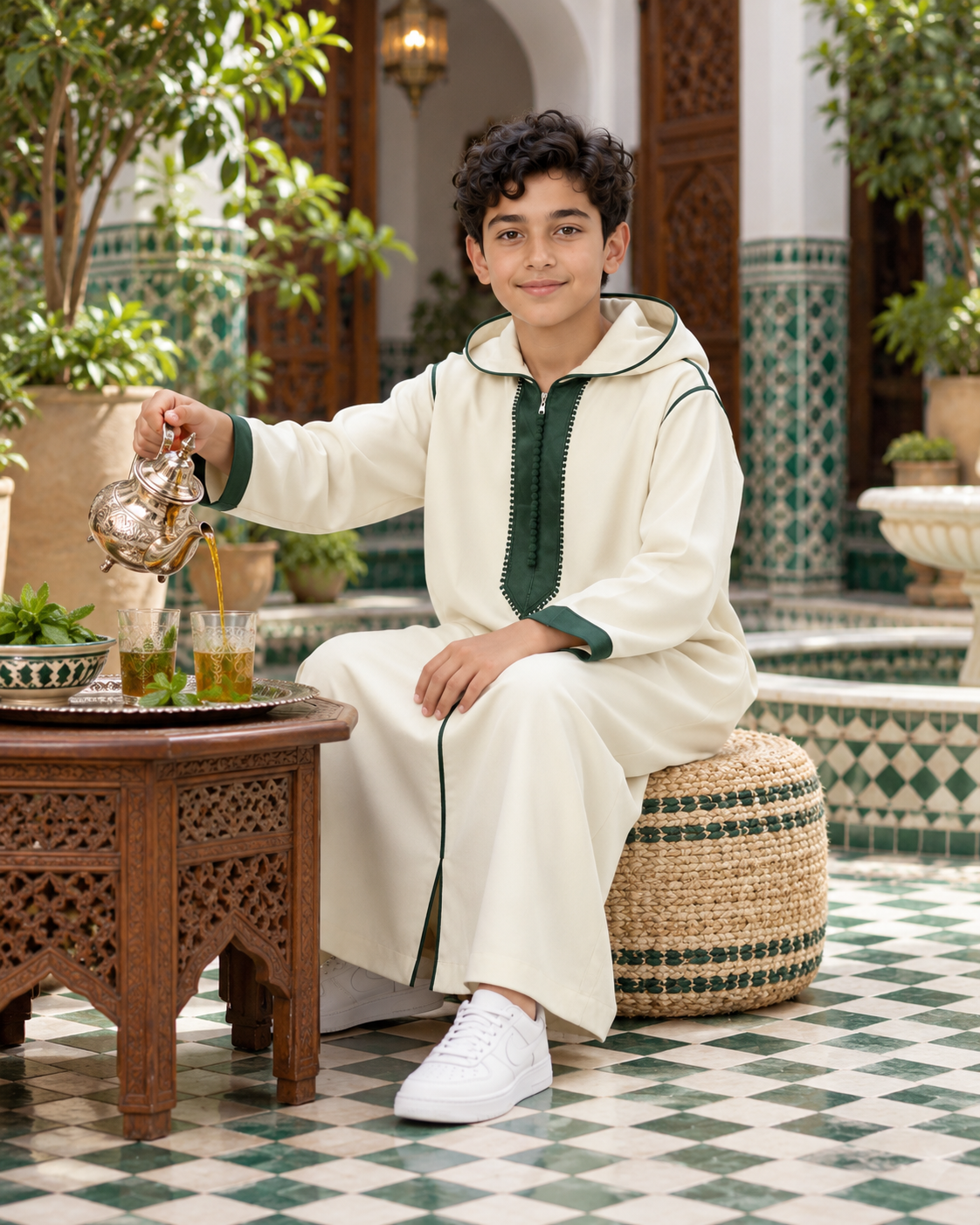 Kids Soft Jellaba - White and Green - Lifestyle