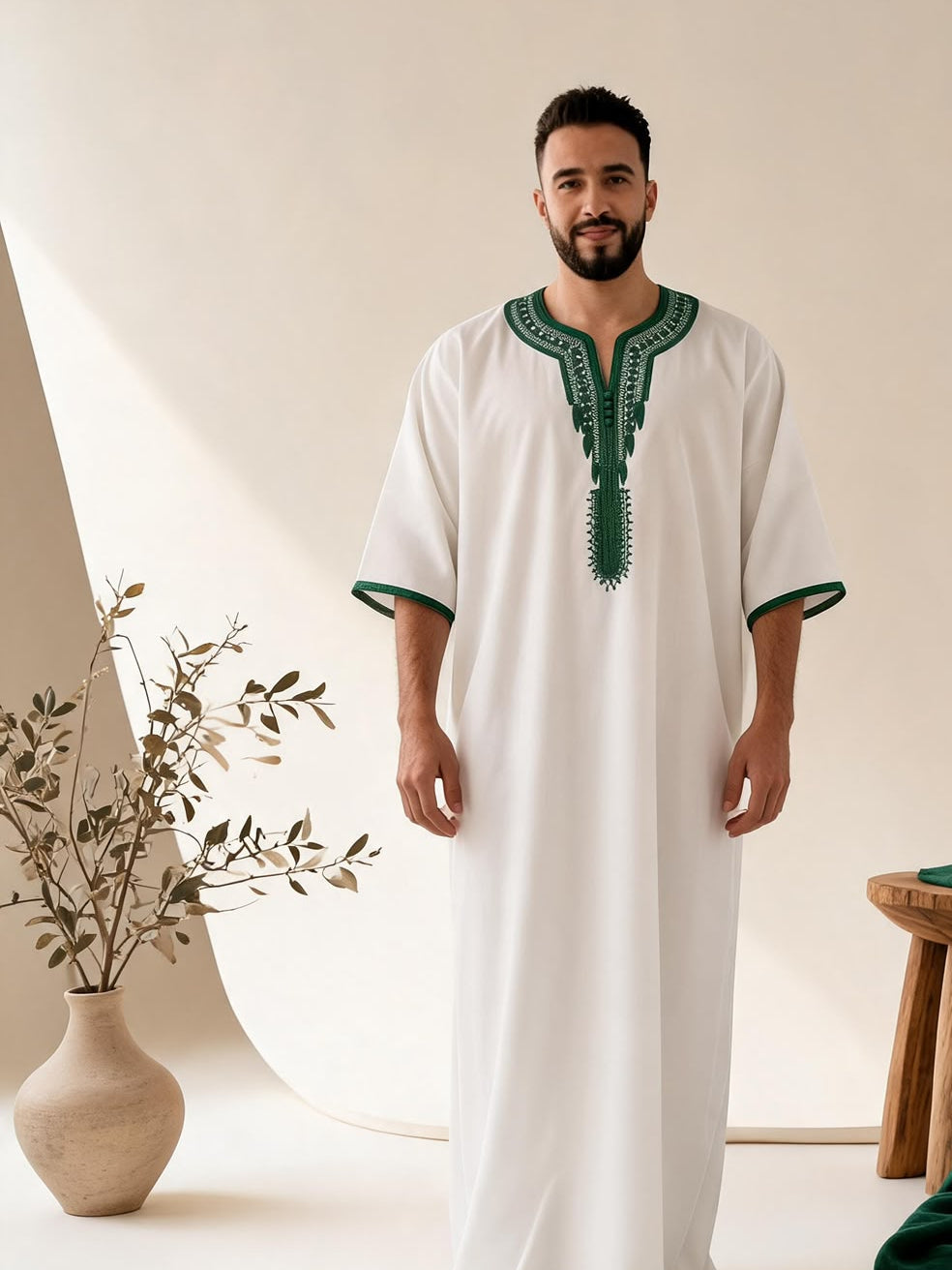 White and Green Moroccan Gandoura - AL-ANDALUS