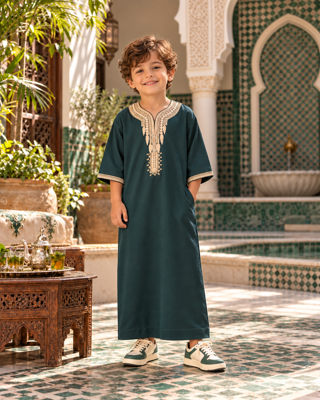 Kids Gandoura - Green and Beige - younger child age 4