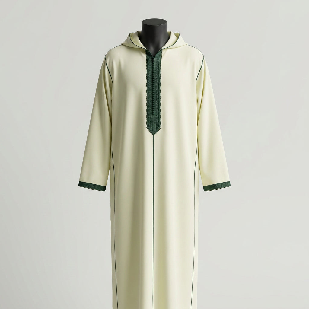 Soft Al-Andalus Djellaba with intricate embroidery and flowing fabric, showcasing traditional Moroccan style.