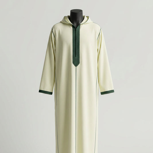 Soft Al-Andalus Djellaba with intricate embroidery and flowing fabric, showcasing traditional Moroccan style.