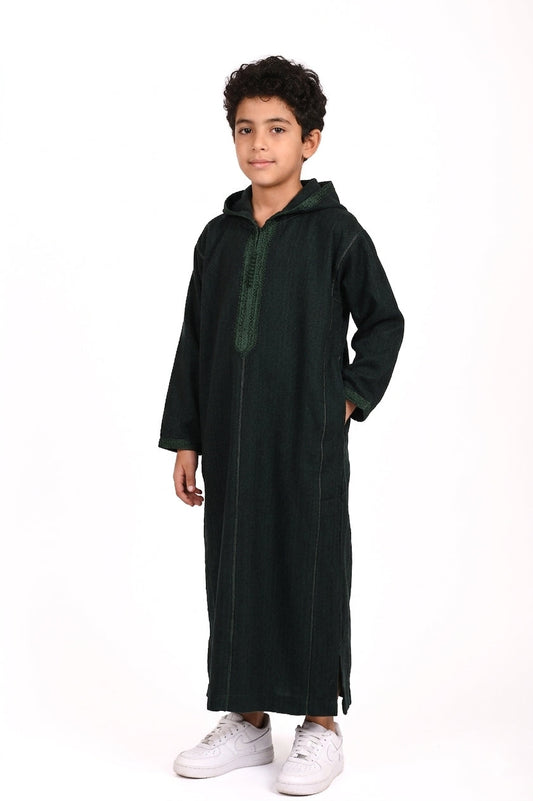 Kids winter Djellaba by Al-Andalus featuring warm, cozy fabric and traditional Moroccan design in vibrant colors.