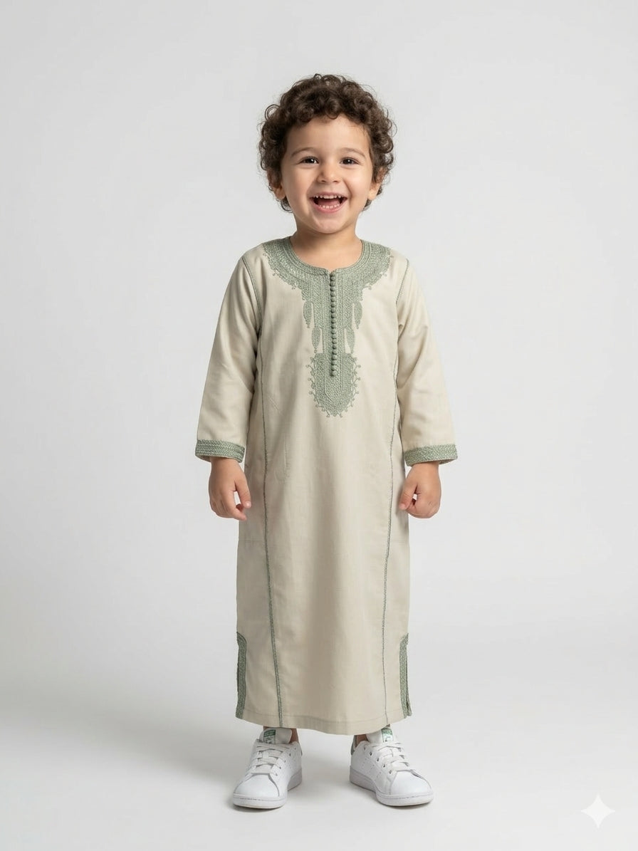 Kids Kaftan showing its decorative neckline embroidery