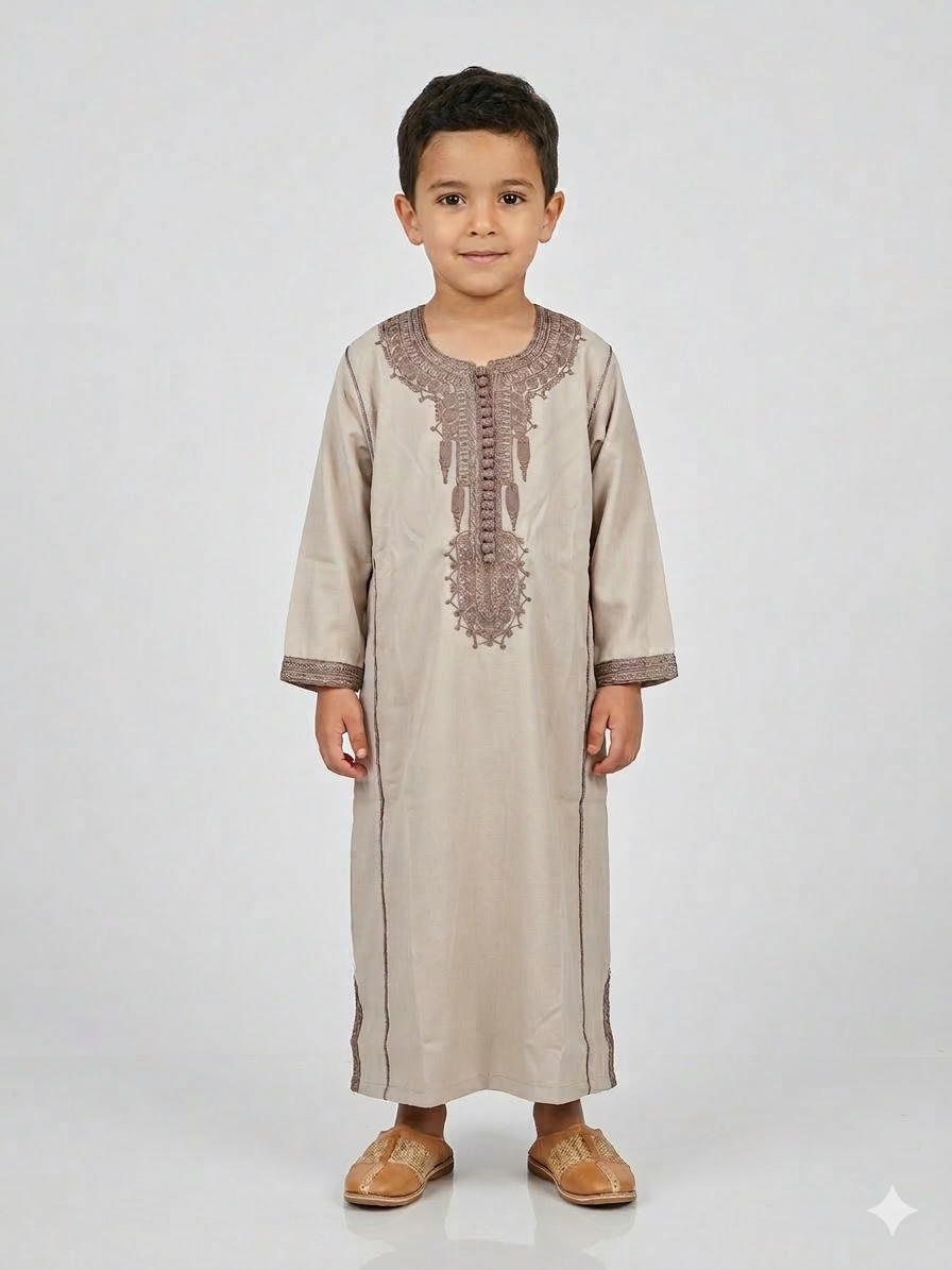 Colorful kids' kaftan from AL-ANDALUS featuring vibrant patterns and lightweight, comfortable fabric for children.