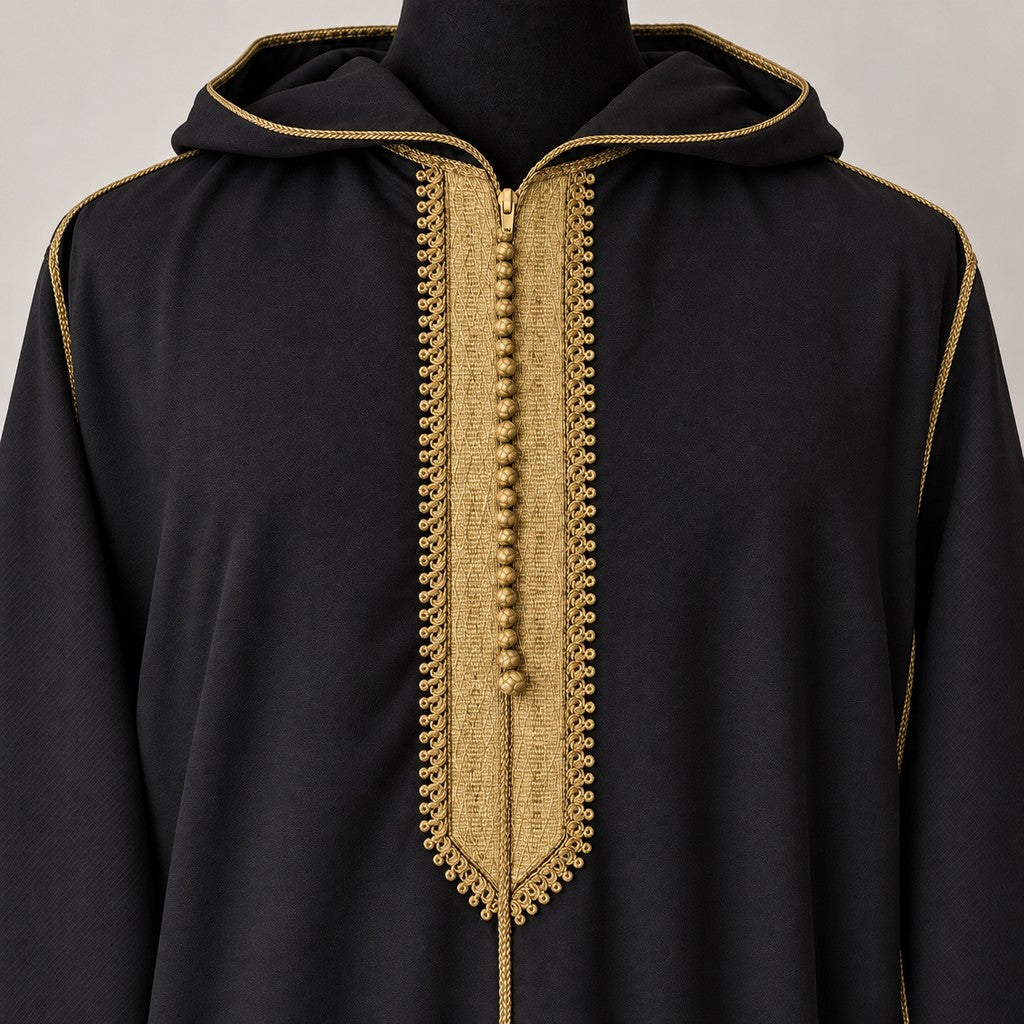 Soft Jellaba - Black and Gold - chest embroidery
