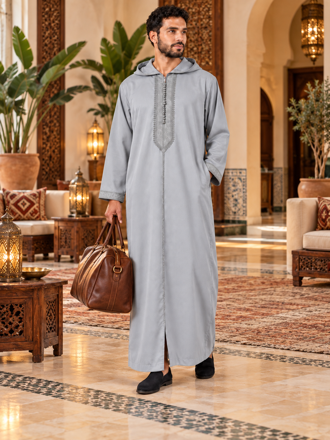 Gray Soft Jellaba worn in a Moroccan boutique hotel with a travel bag