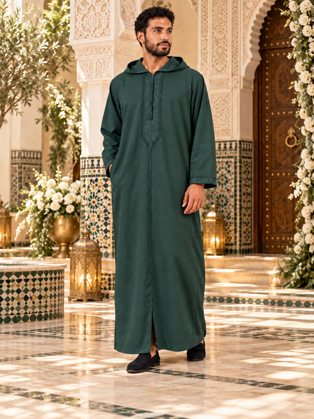 Green Soft Jellaba worn by a groom in a Moroccan riad wedding setting