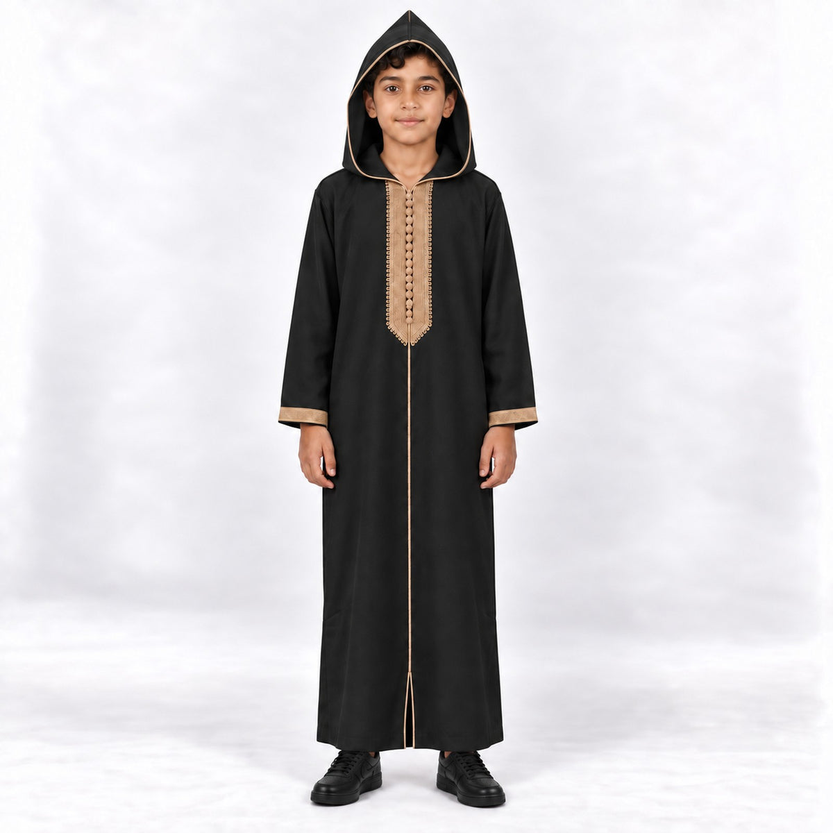 Youth Soft Jellaba - Black and Sand - 10 years - hood up
