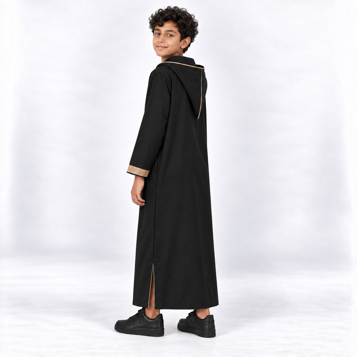 Youth Soft Jellaba - Black and Sand - 12 years - side hood view