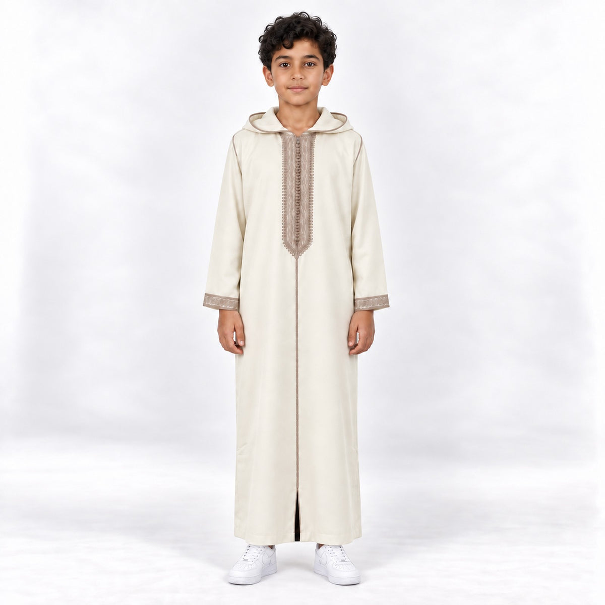 Soft Jellaba for Youth - White and Beige - 10 years - front