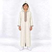 Soft Jellaba for Youth - White and Beige - 10 years - hood-up