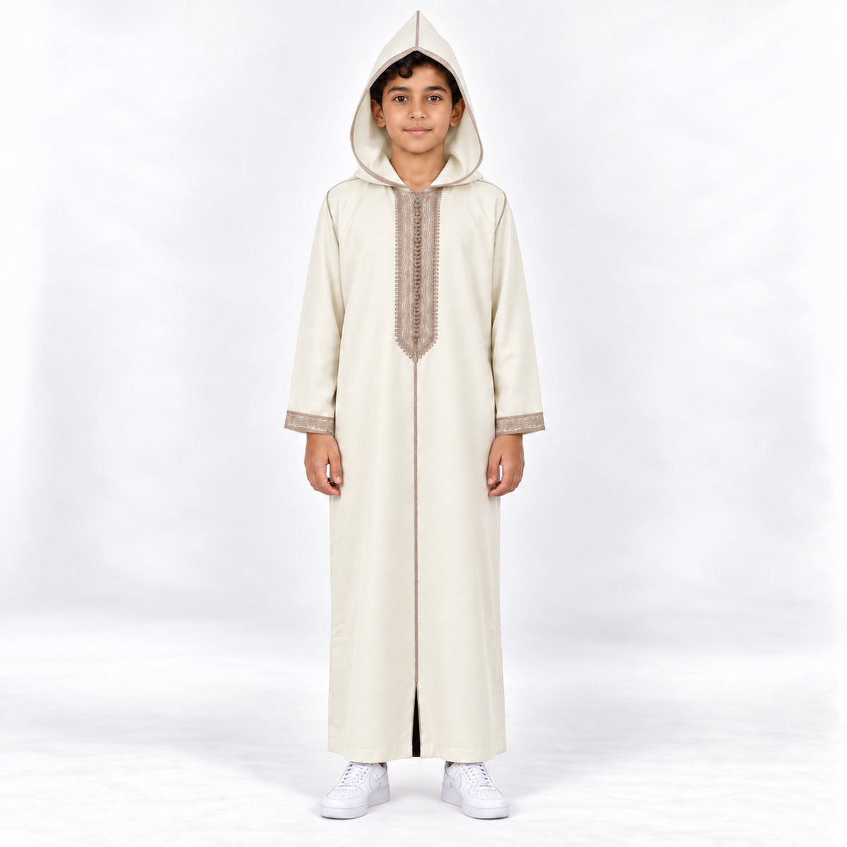 Soft Jellaba for Youth - White and Beige - 10 years - hood-up