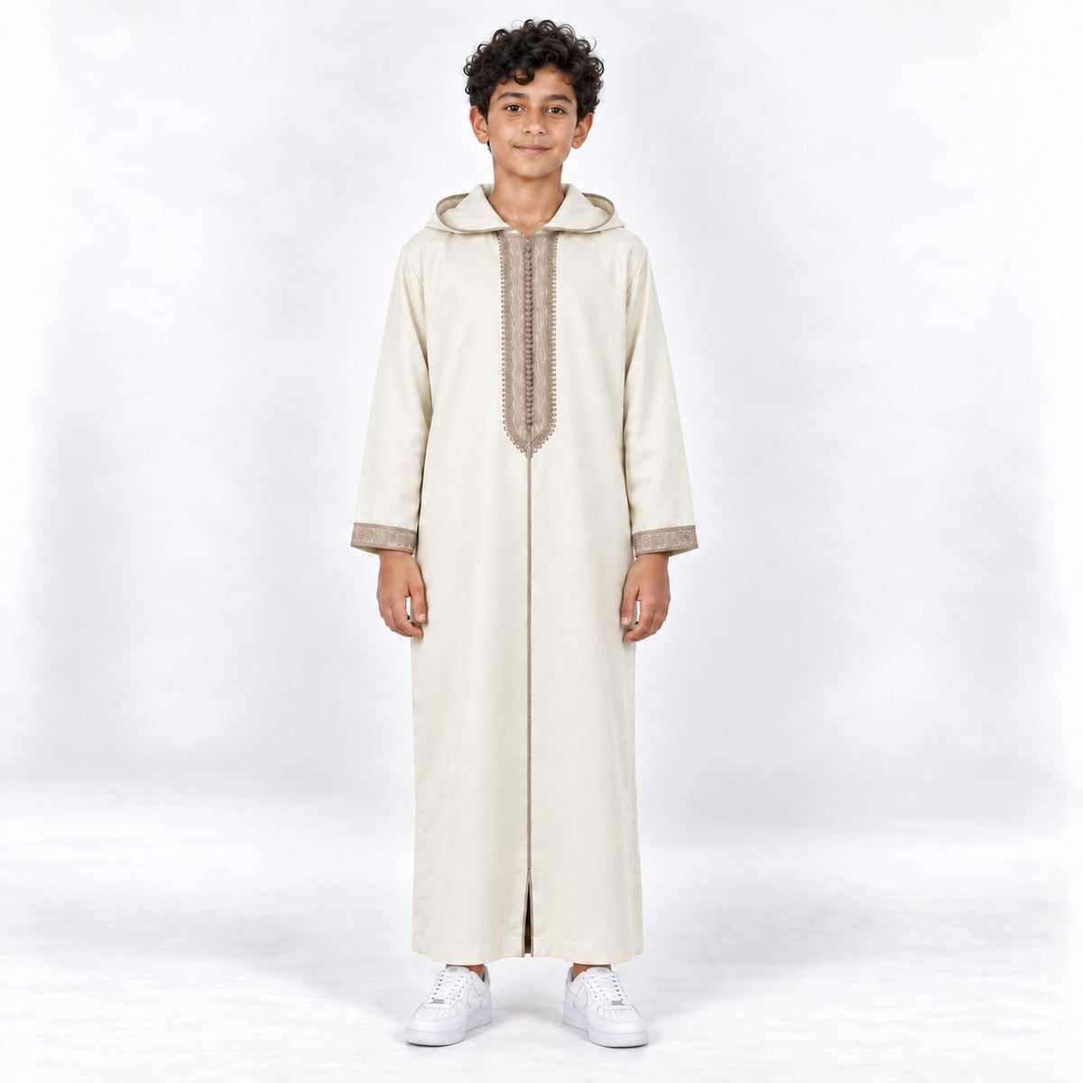 Soft Jellaba for Youth - White and Beige - 12 years - front