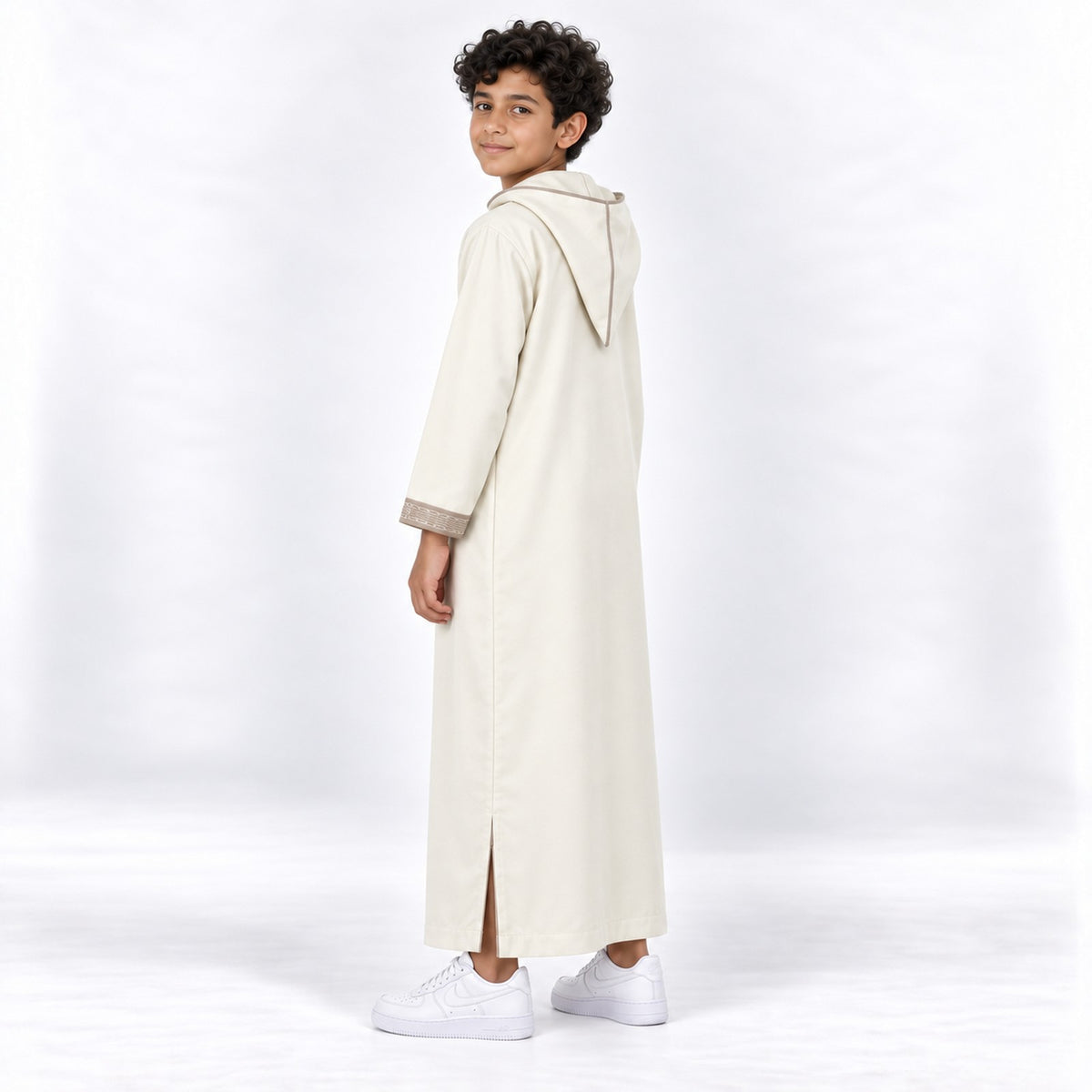 Soft Jellaba for Youth - White and Beige - 12 years - side-hood