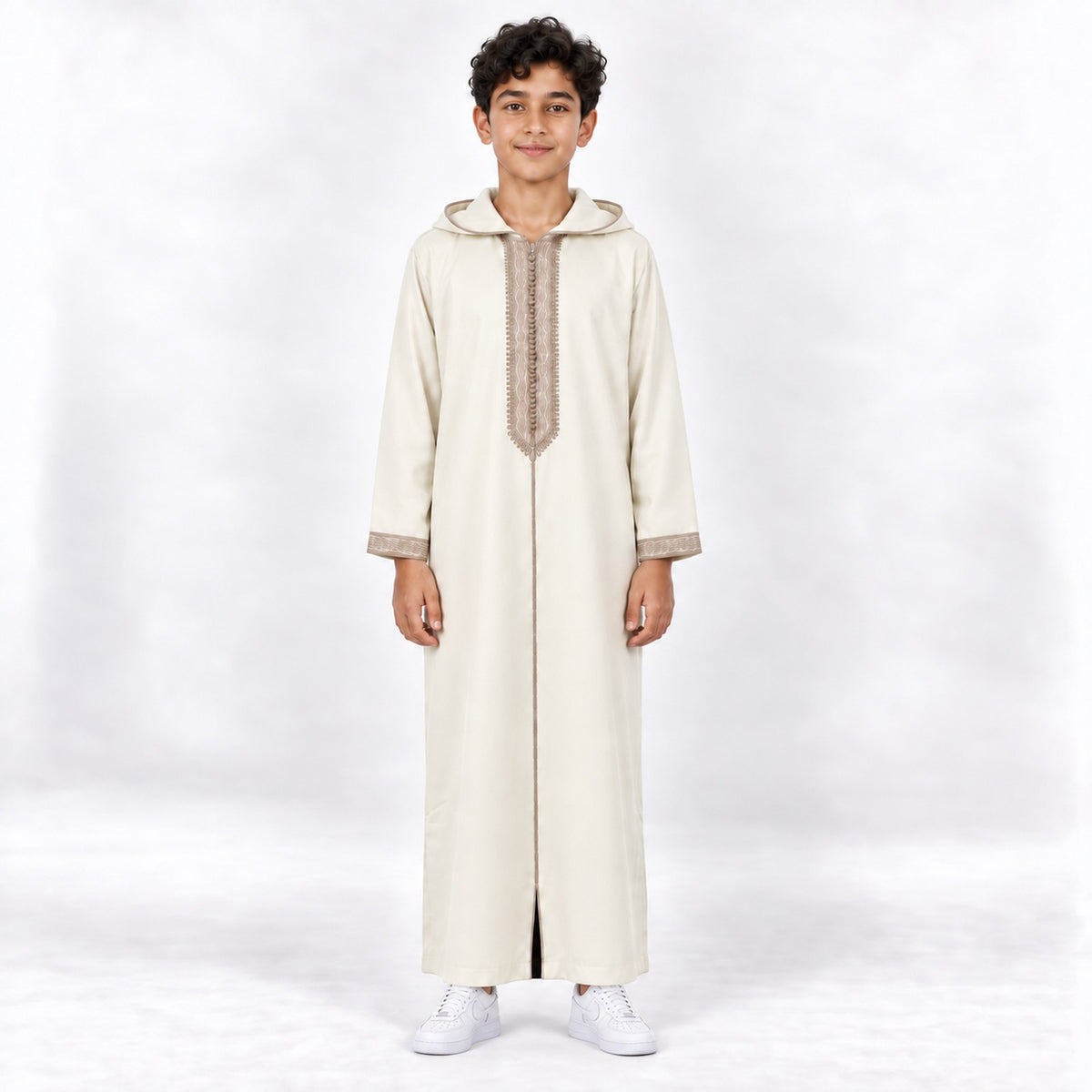 Soft Jellaba for Youth - White and Beige - 14 years - front