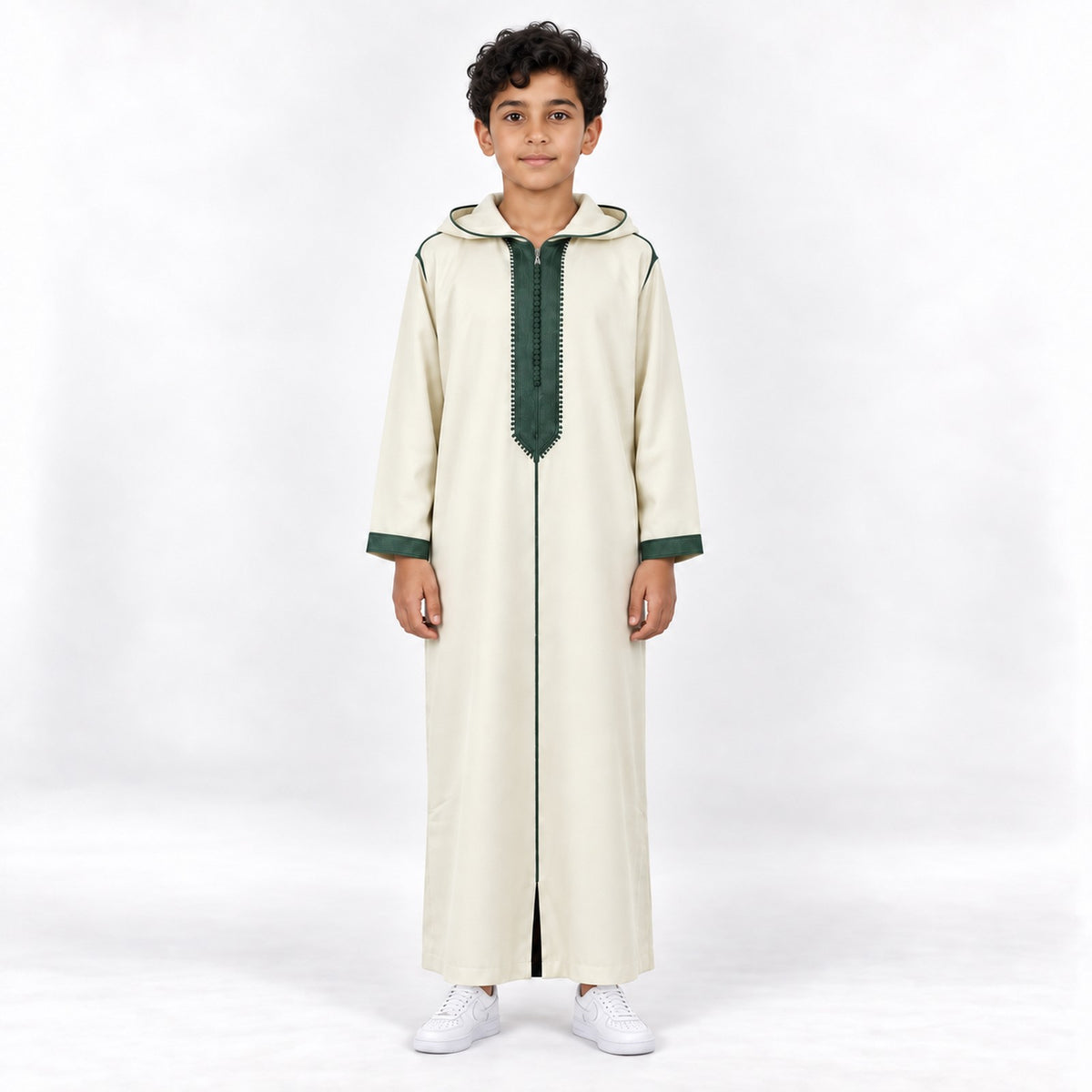 Soft Jellaba for Youth - White and Green - 10 years - front