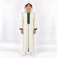 Soft Jellaba for Youth - White and Green - 10 years - hood-up