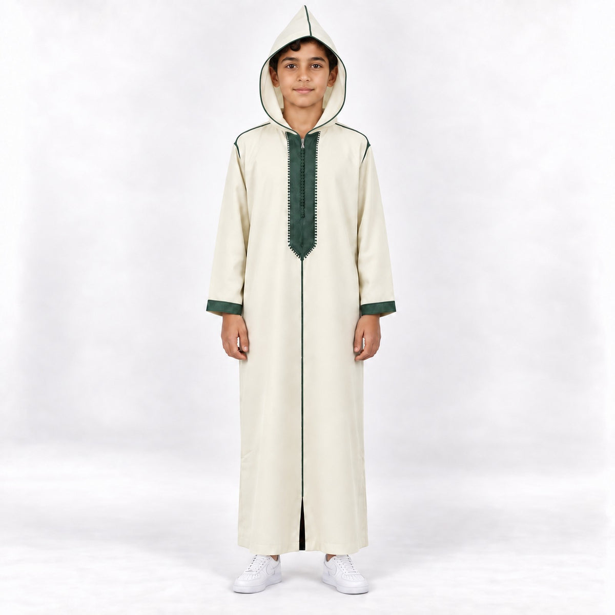 Soft Jellaba for Youth - White and Green - 10 years - hood-up
