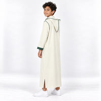 Soft Jellaba for Youth - White and Green - 12 years - side-hood