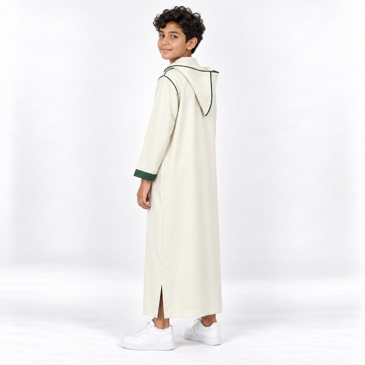 Soft Jellaba for Youth - White and Green - 12 years - side-hood