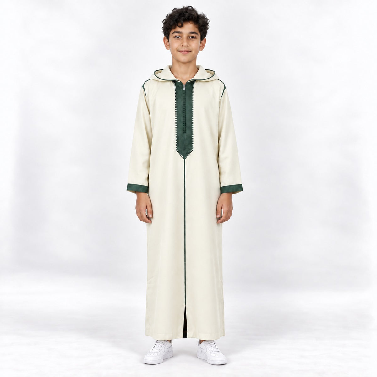 Soft Jellaba for Youth - White and Green - 14 years - front