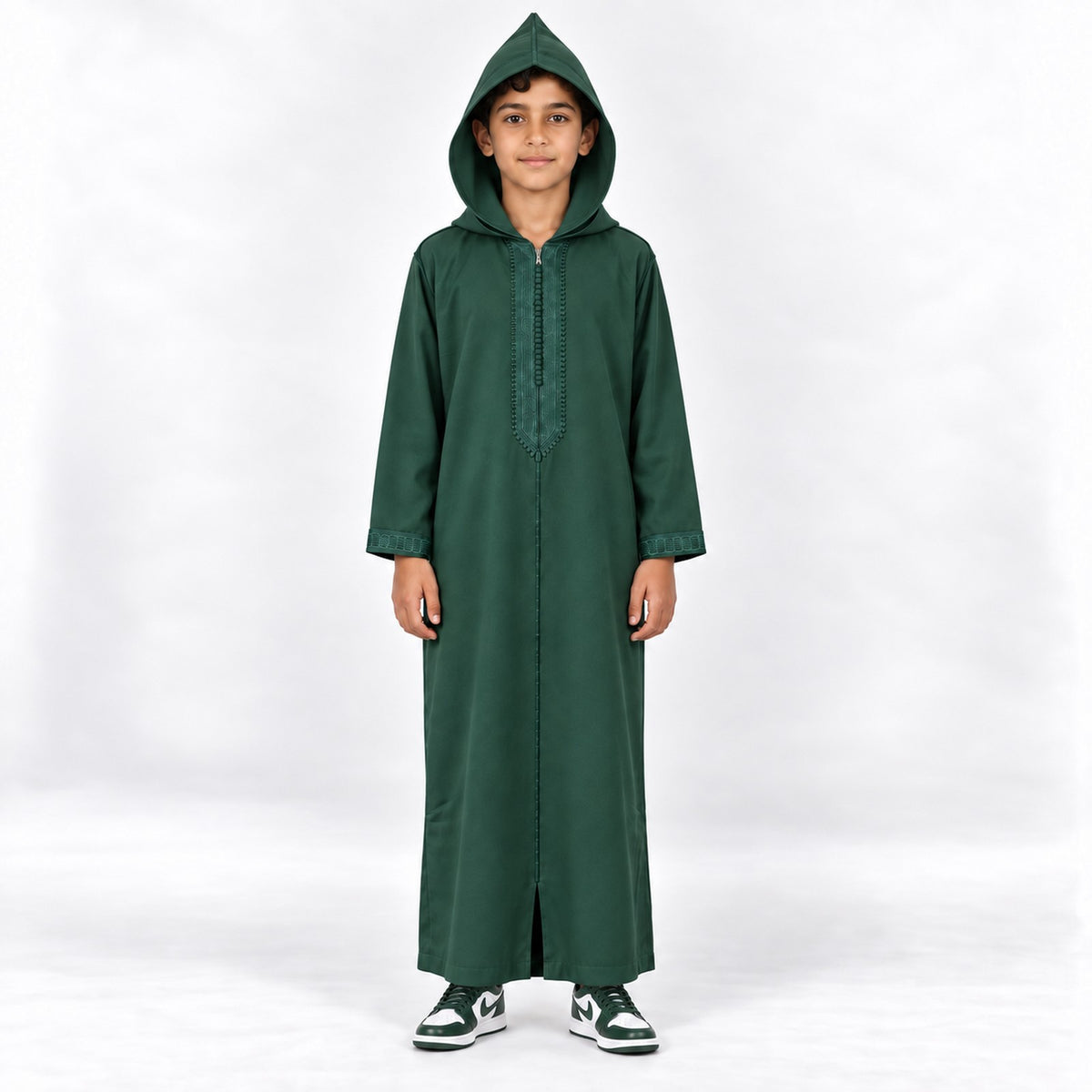 Soft Jellaba for Youth - Full Green - 10 years - hood-up