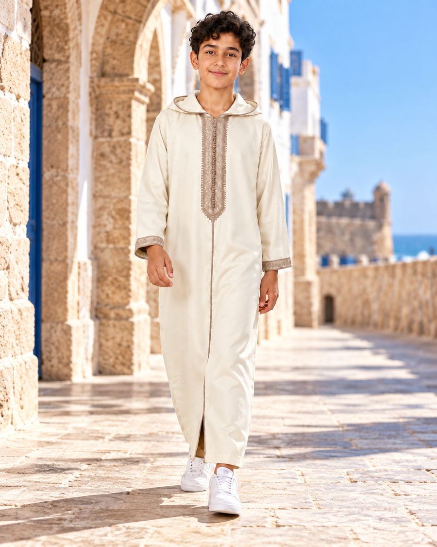 Kids Soft Jellaba - White and Beige