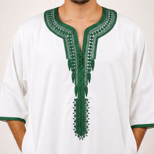 White and Green GANDOURA studio product photo - AL-ANDALUS