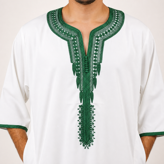 White and Green GANDOURA studio product photo - AL-ANDALUS